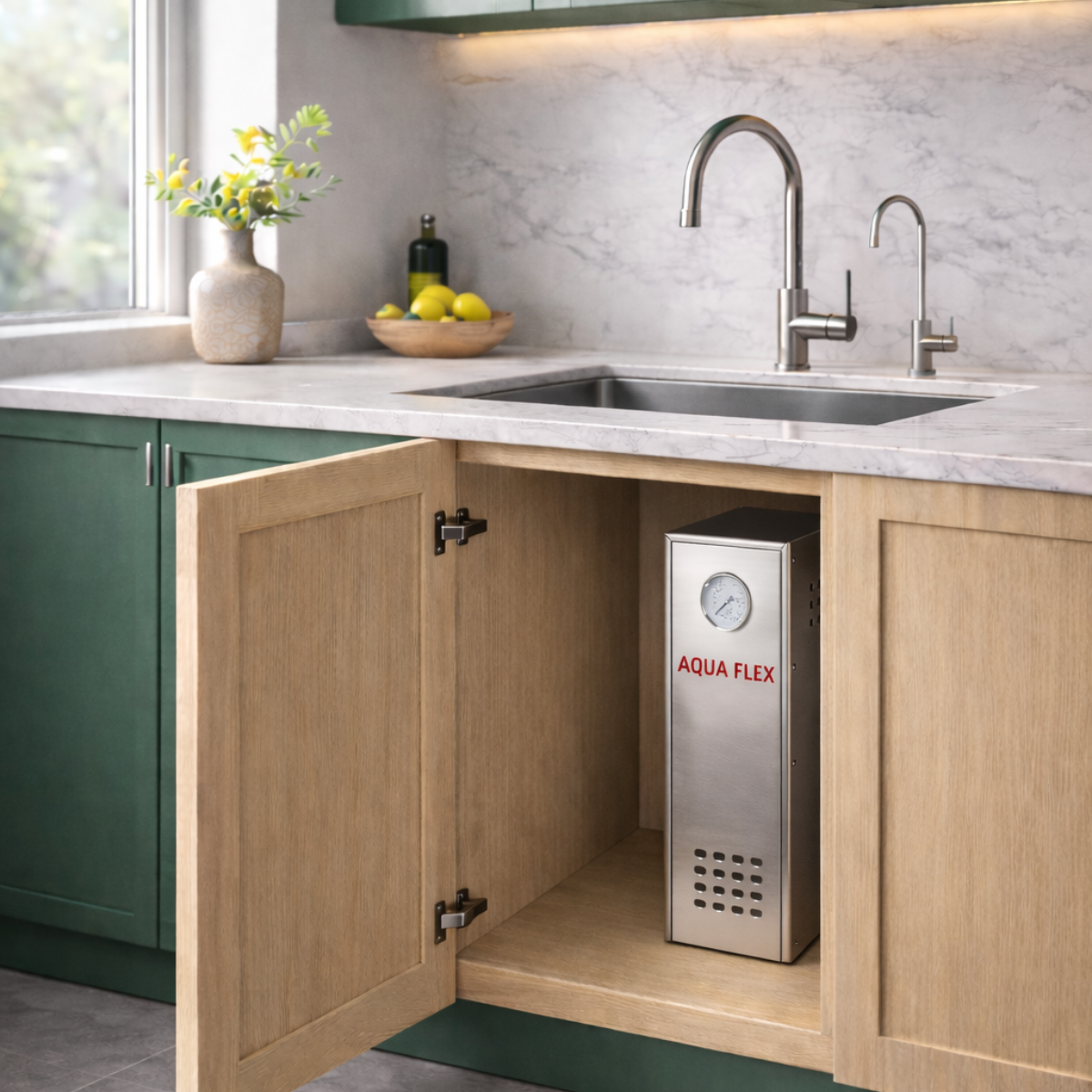 Osmoseur Aqua Flex installé sous évier dans une cuisine moderne